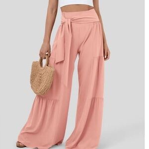 Halara NWT Breezeful High Waisted Shirred Tie Wide Leg Pants in Peach Melba XS